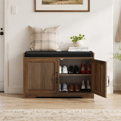 Banc à chaussures 31,5 pouces, banc de rangement pour hall d'entrée avec portes doubles et revêtement confortable, convient aux couloirs et aux entrées