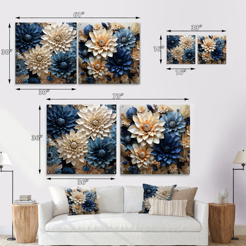 «Dahlia Symphony» blanc et bleu - ensemble d'art mural en verre acrylique Dahlia, H 16 po x l 33 po