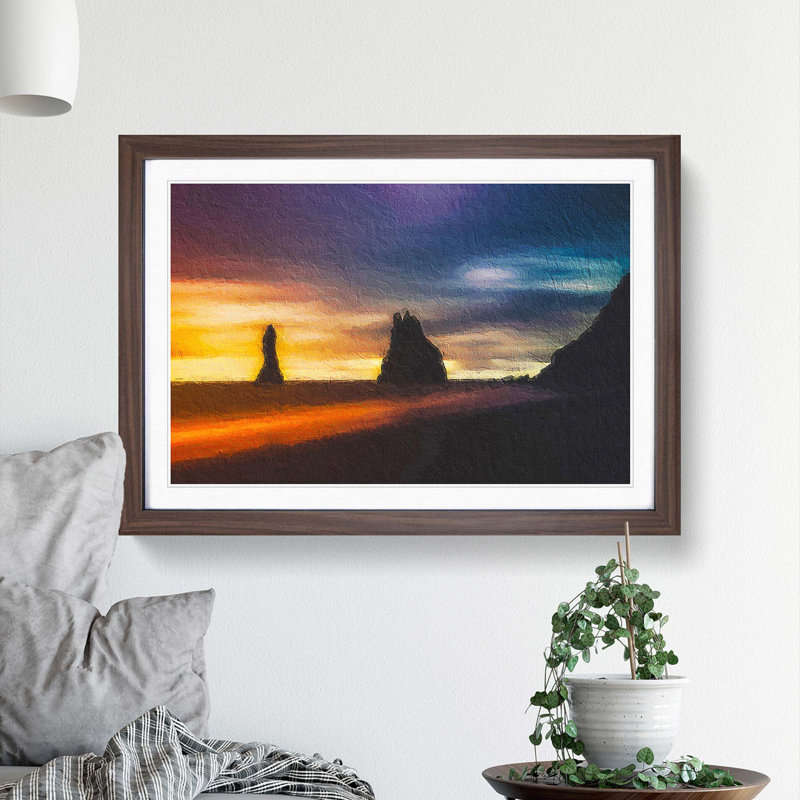 Beach In Vik Iceland - Single Picture Frame Painting, 24cm H x 33cm W x 2cm D, Walnut Framed