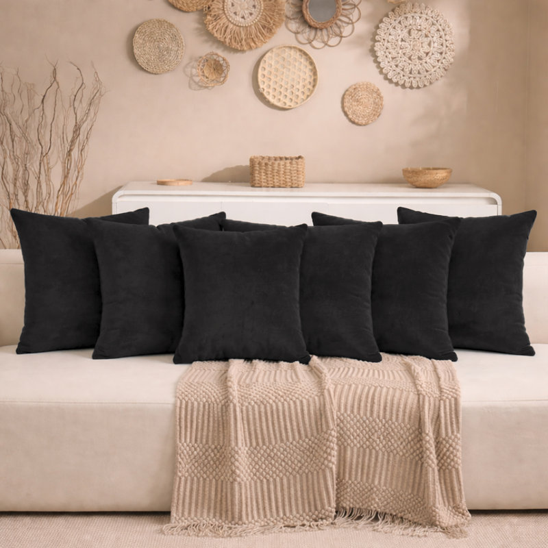Aspire Homeware Square Plain Velvet Scatter Cushion Cover, Black, Pack of 6