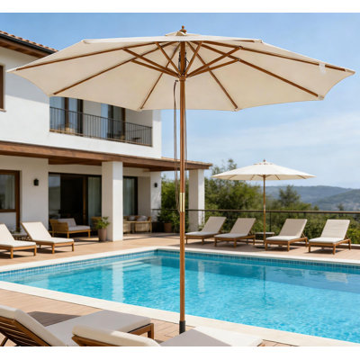 9 pi. Parasol de marché extérieur avec 8 nervures en bambou pour la table, beige