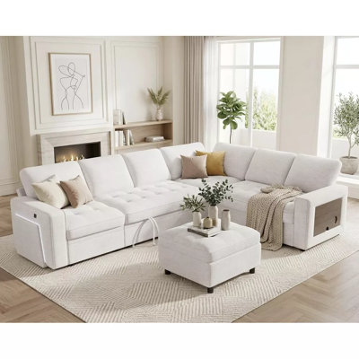  102" 7-Seat L-Shaped Sectional Sleeper Sofa Bed With Pull-Out Bed, Reclining Backrest, USB Ports, LED Lighting & Side Table,  Convertible Couch For Living Room & Apartment