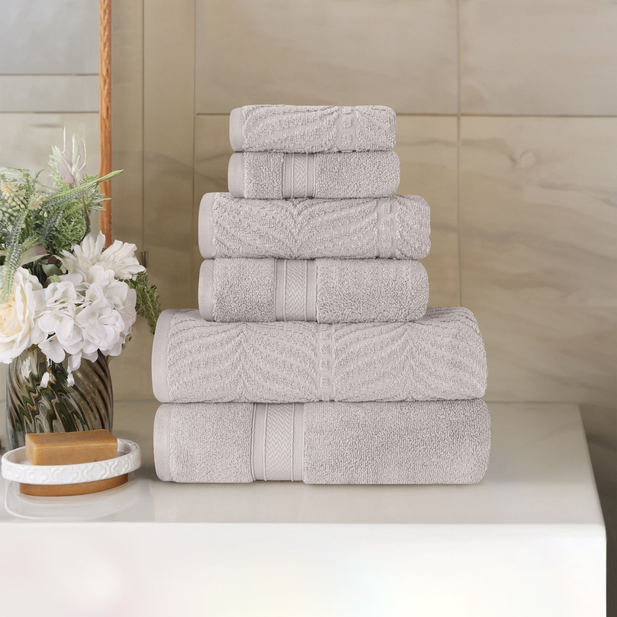 Amaretto Chevron Zero Twist Solid and Jacquard Cotton 6 Piece Bathroom Towel Set, Platinum