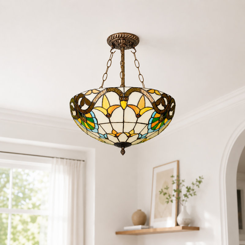Lustre en verre coloré rétro à 3 lumières Tiffany, suspension ronde en bronze inversé de 15,7 pouces
