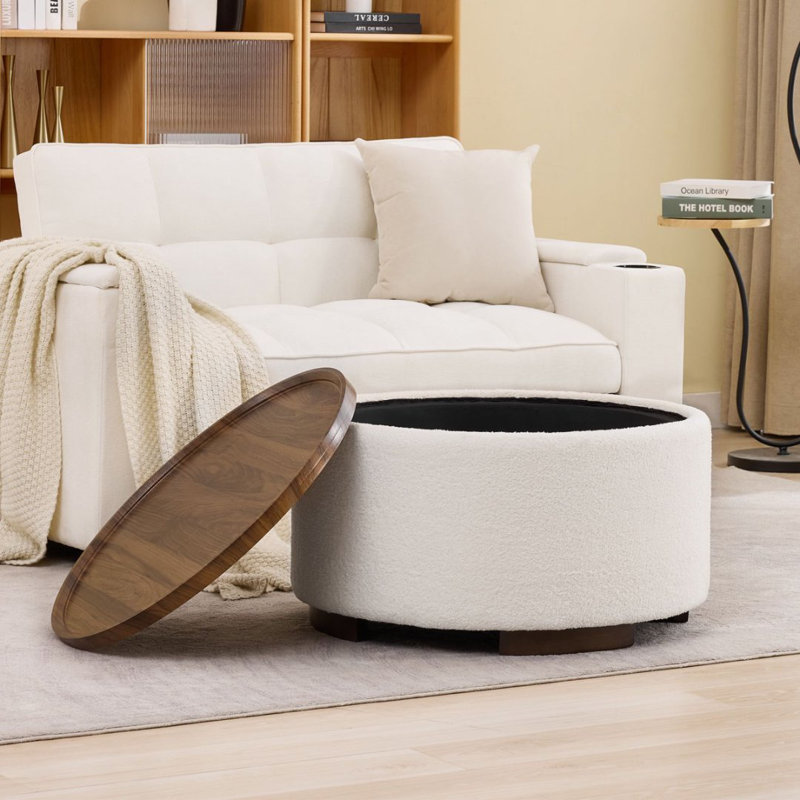 29.5 Inch Round Storage Ottoman Coffee Table,Modern Circle Coffee Table With Storage With Removable Lid Top And Solid Wood Legs,Large Round Ottoman For Bedroom,Living Room