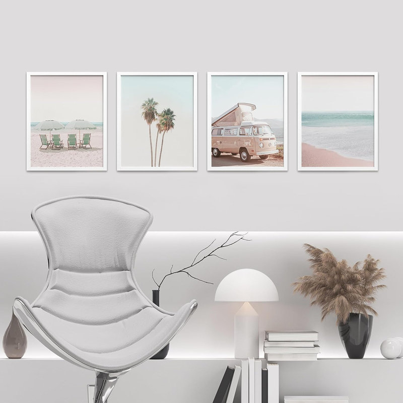 «Collage Print Gallery Set 1980s Retro Miami», reproduction encadrée de 4 pièces, H 16 po x l 12 po x P 1 po, Cadre blanc