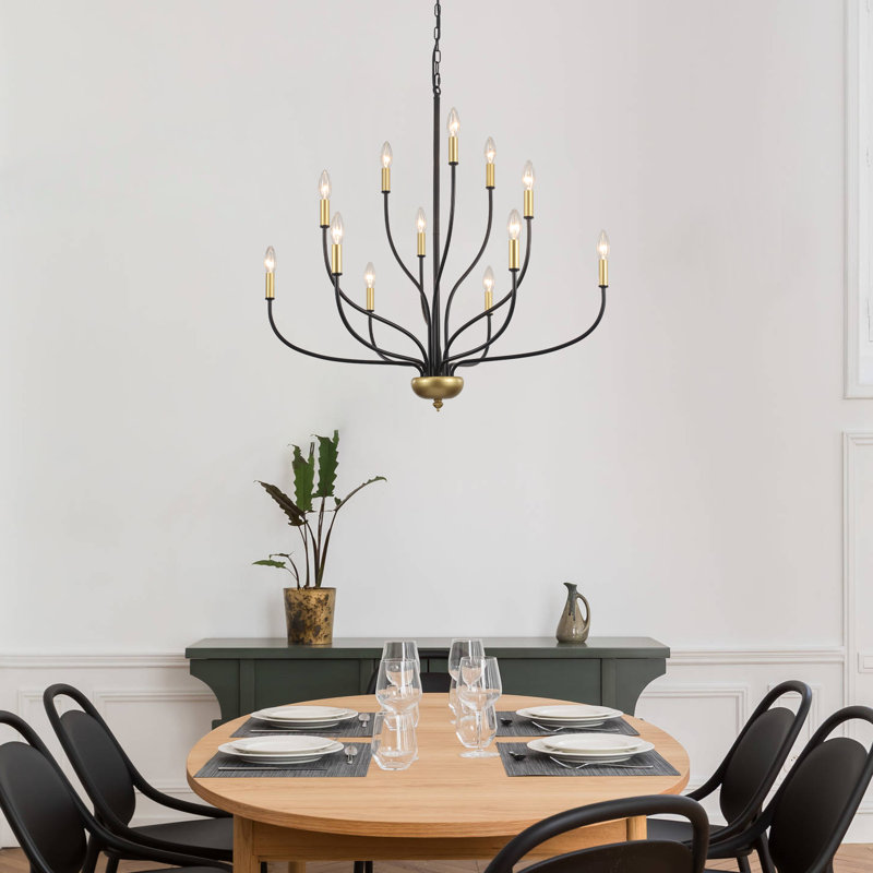 Sebron 12 Light 3 - Tier Dimmable Classic / Traditional Candle Style Chandelier, Matte Black/Gold, 12 Lights
