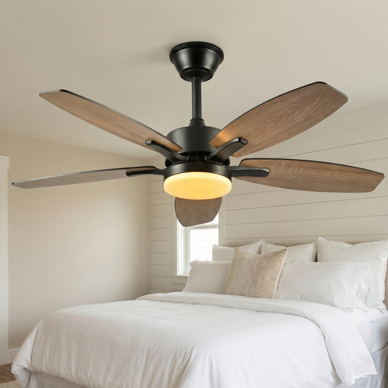 Ventilateur de plafond 48 pouces à cinq pales en contreplaqué avec lumière et télécommande, adapté aux patios, salons, chambres à coucher, bureaux, etc. (noir mat)