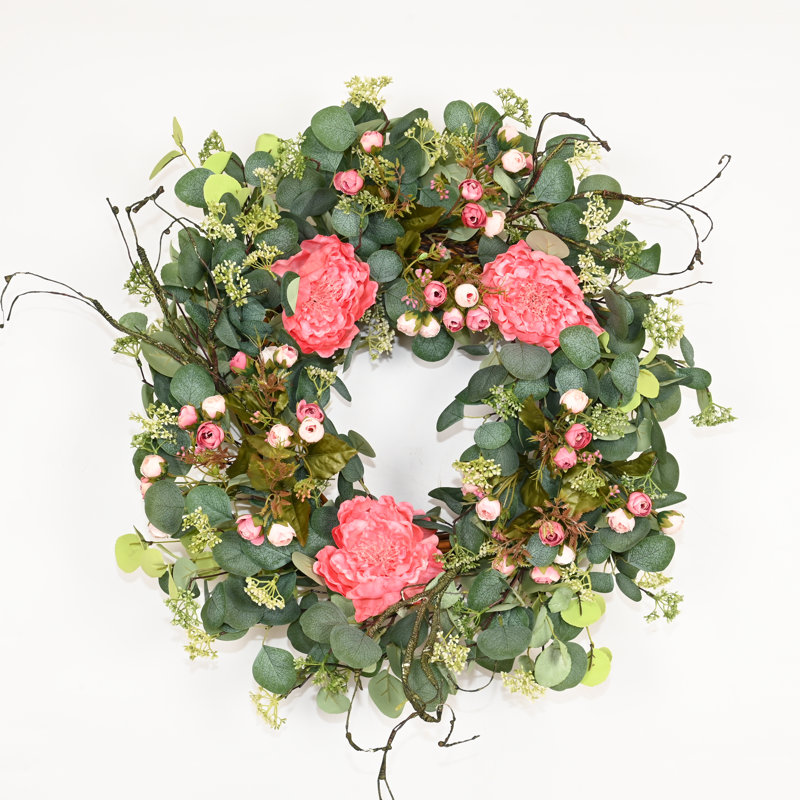 26"  Spring Summer Eucalyptus Berry Floral Wreath, Pink