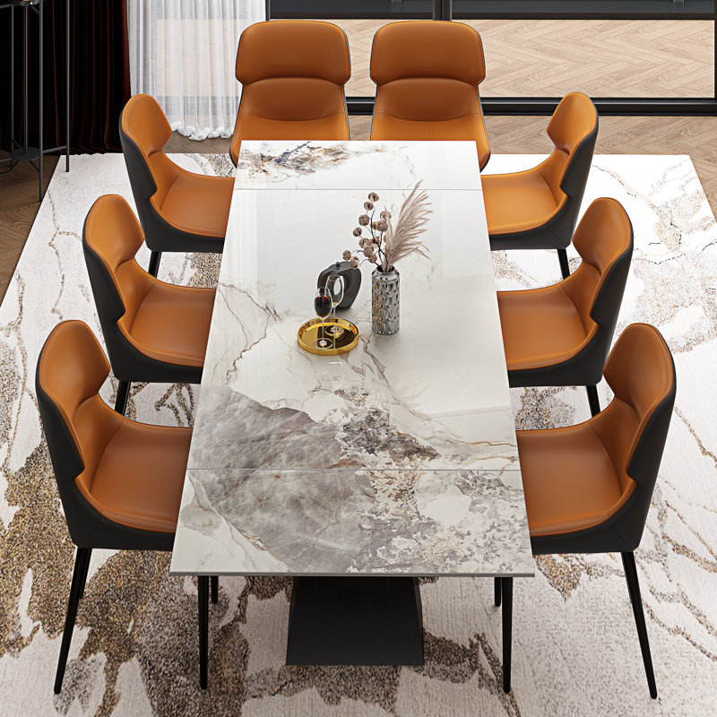  Modern Dining Table Set With 78.7''-110'' Extendable Faux Marble Top And 8 Faux Leather Dining Chairs, Chanel, Orange