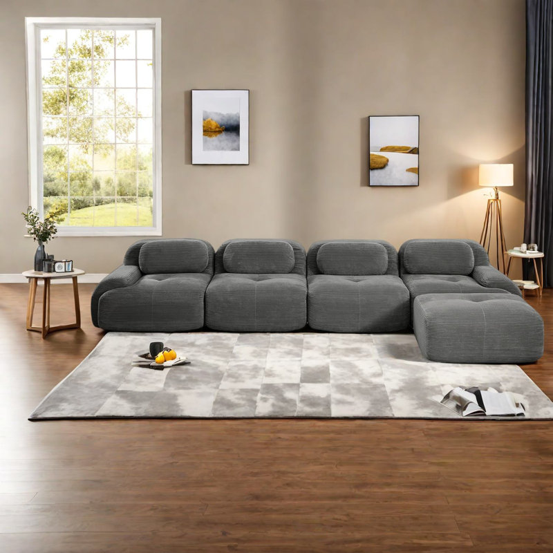 Canapé modulaire à 4 places en velours côtelé gris, ergonomique et antidérapant pour le salon
