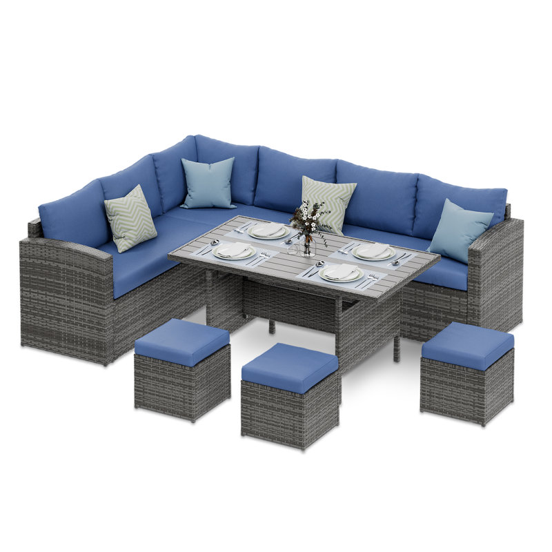 Ensemble de conversation modulaire en rotin 7 pièces avec coussins et rangement Cueva, Structure grise / coussin bleu