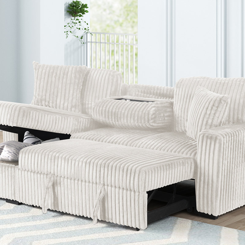 Plush Sectional Sofa W/ Pull Out Sleeper made with Velvet fabric- Cream, Cream Velvet
