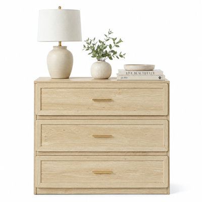 Table de chevet surdimensionnée à 3 tiroirs, commode de chevet en bois avec poignées en aluminium doré, grande table de chevet moderne pour la chambre à coucher