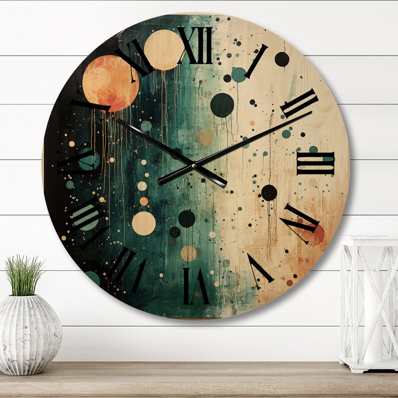 Teal Orange Mid Century Minimalist Oasis I - Abstract Collages Oversized Wood Wall Clock, Small
