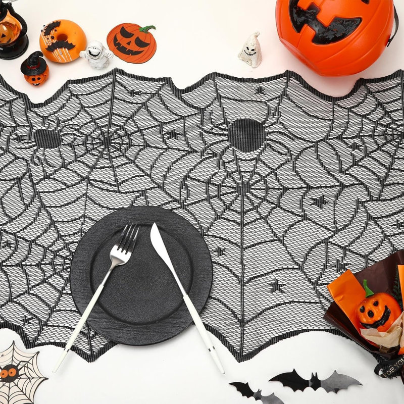 2Pcs Halloween Table Runner, 45 x 183 cm Lace Creepy Cover Spider Web Table Runner for Kitchen Table Centerpiece Decorations Halloween Party Dinner Supplies