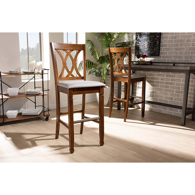 Upholstered Counter Stool with Solid Wood Frame, Brown, Light Gray