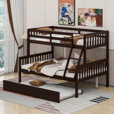 Twin Over Full Rubber Wood Bunk Bed With Trundle,  Convertible Bed, With Twin Size Trundle