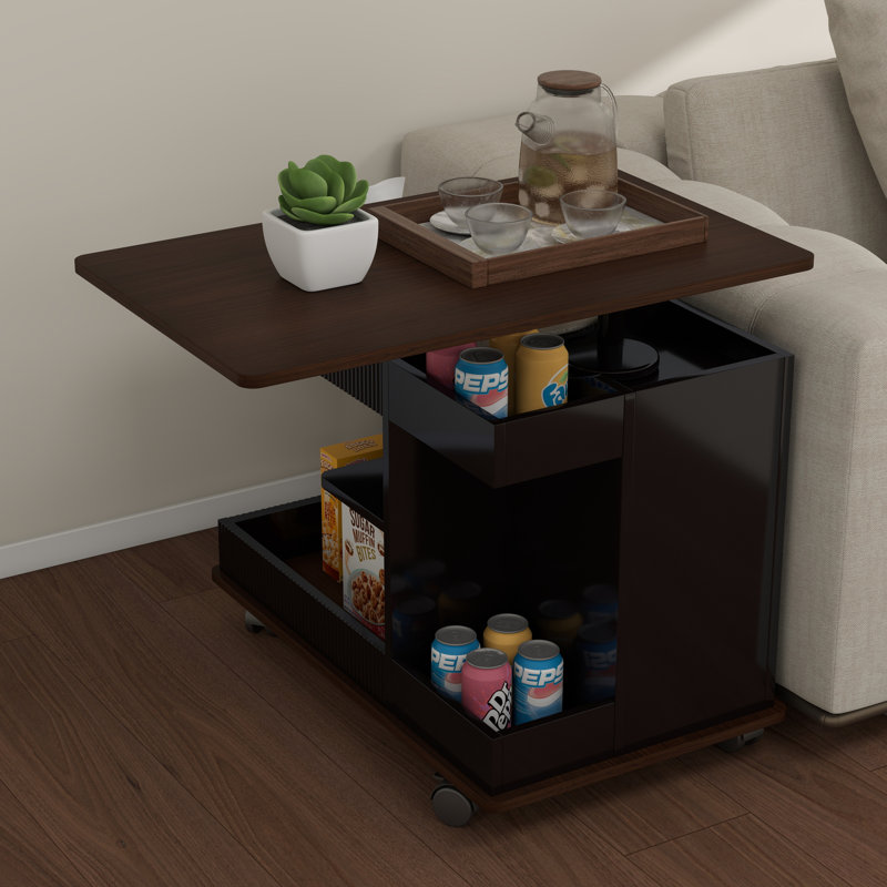 Adjustable End Table With Wheels,Modern Side Table With 360°Rotating Top And Storage Space, Black