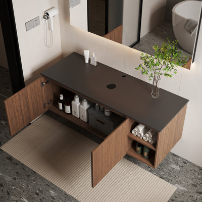 Meuble-lavabo simple moderne de 122 cm (48 po) avec plateau en pierre frittée, meuble-lavabo suspendu en bois, lavabo non inclus