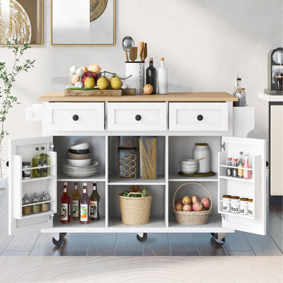 Chariot de cuisine avec comptoir à abattants en bois d'hévéa, supports de rangement internes pour porte d'armoire, îlot de cuisine sur 5 roulettes avec armoire de rangement et 3 tiroirs pour la salle à manger
