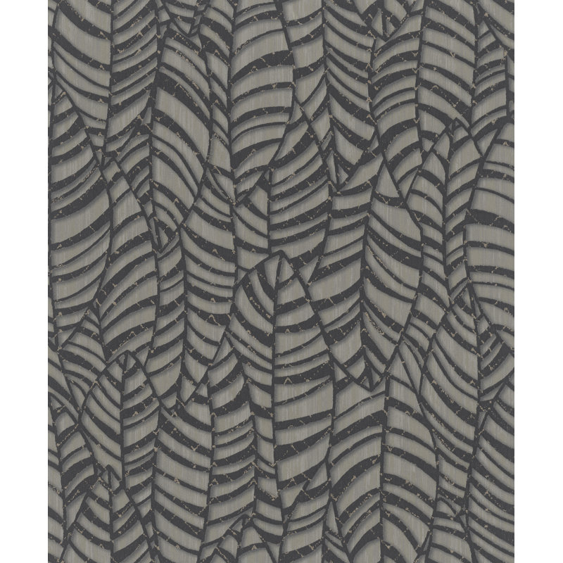 Serene Collection Metallic Botanical Leaves Design 33' L x 21" W Wallpaper Roll, Black/Brown