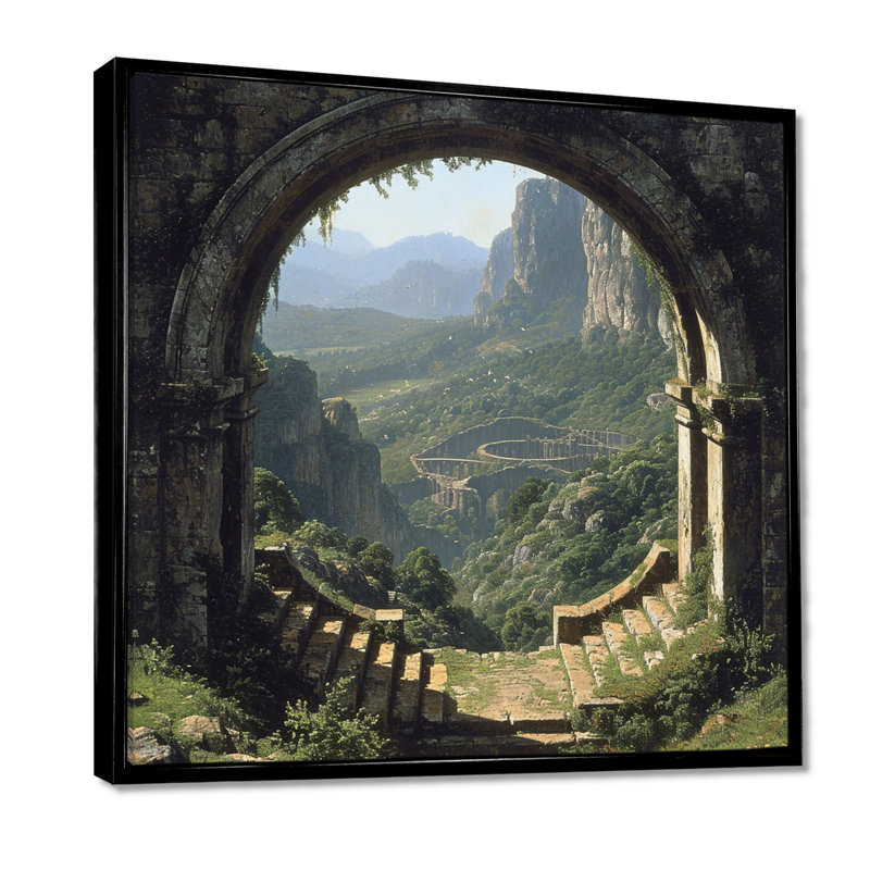 Portail romain, vue sur la montagne verte - campagne, art mural, Toile avec cadre flottant noir, H 16 po x l 16 po x P 1 po