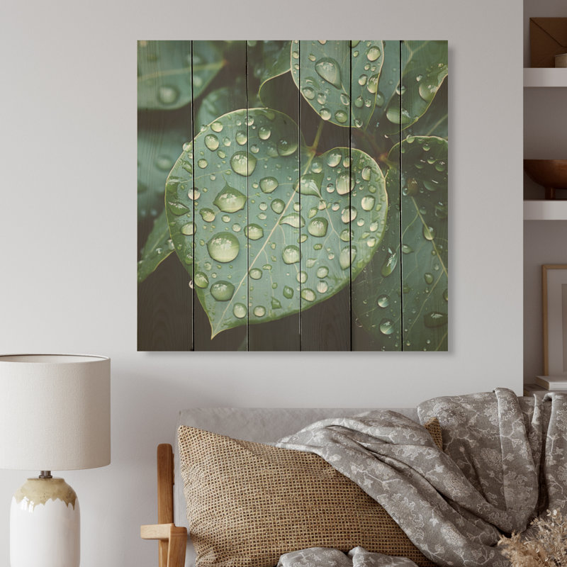 «Aqua Leaves Photo Harmony I», art mural en bois sur bois de pin naturel, H 36 po x l 36 po