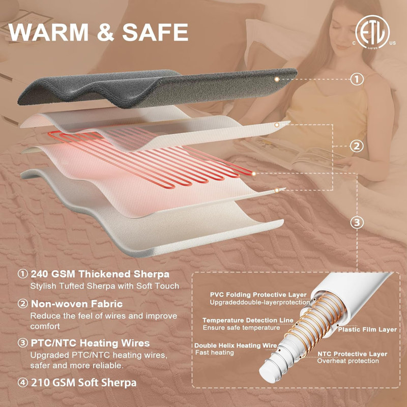 Heated Blanket Electric Blanket, 90" W x 100" L