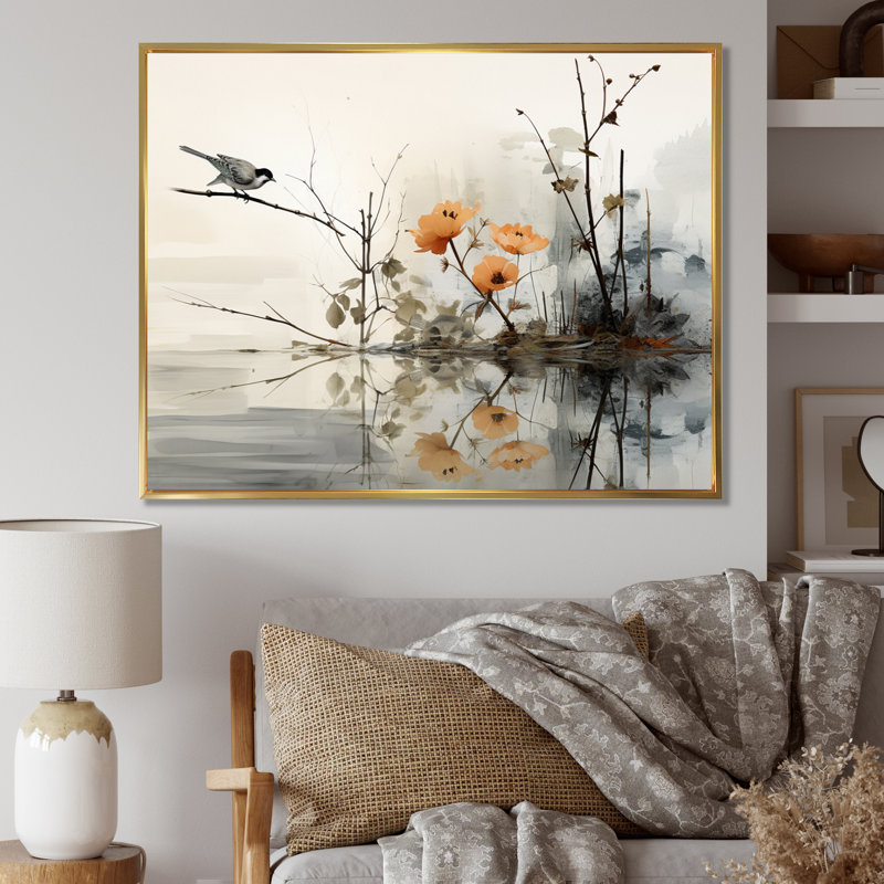 «Asian Art Sumi Bird Serenity XVIII», reproduction d'art sur toile, H 24 po x l 32 po x P 1 po, Cadre flottant doré