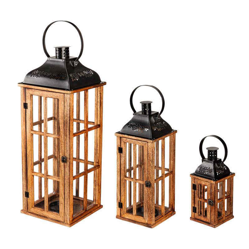 Lanterne imbriquée en bois de manguier avec plateau noir, ensemble de 3