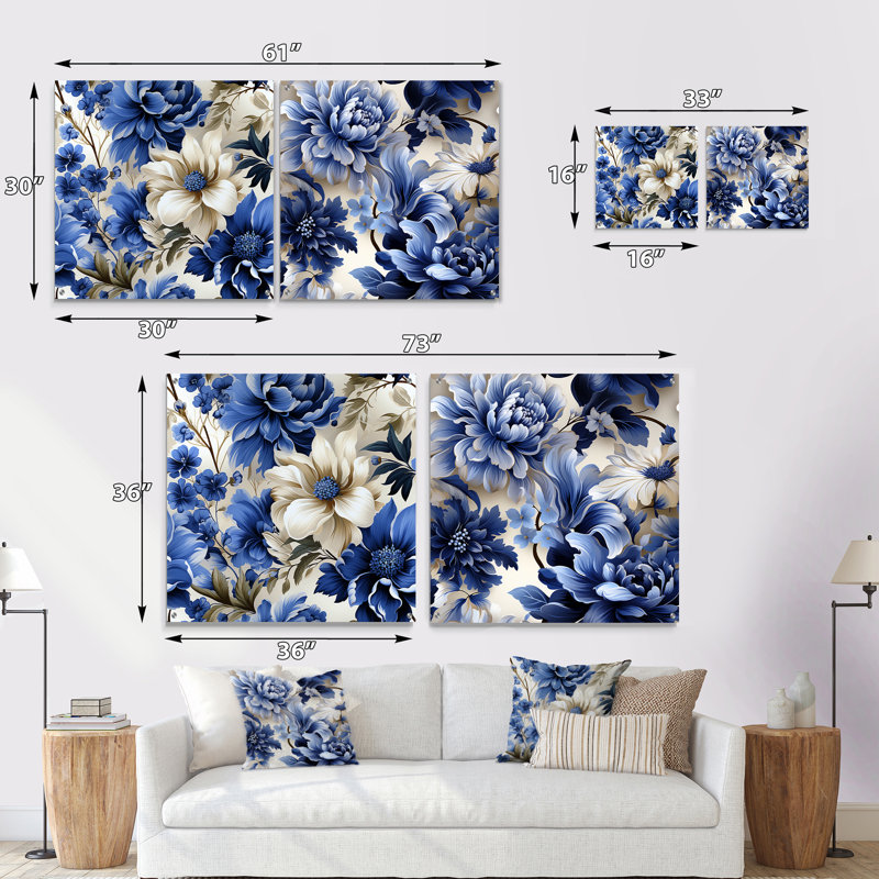 Motif victorien bleu de cobalt brocart - ensemble d'art mural en acrylique sur verre floral, H 36 po x l 73 po