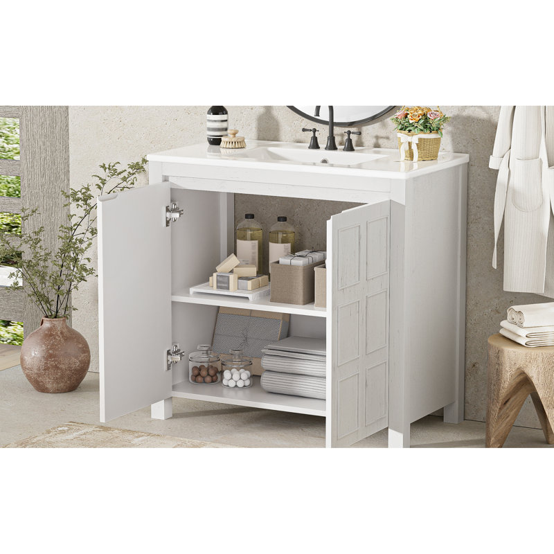 Meuble-lavabo de 36 po blanc antique avec lavabo en céramique, espace de rangement spacieux, attrait rustique et sensation de bon fonctionnement avec des compartiments spacieux, style rétro, processus d'assemblage simple