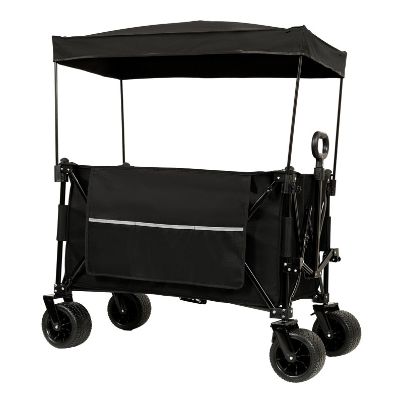 Chariot allongé pliable pliable avec auvent, capacité de poids de 480 lb, chariot de jardin pliant robuste avec grandes roues tout-terrain et porte-boissons, poche latérale et freins, moustiquaire