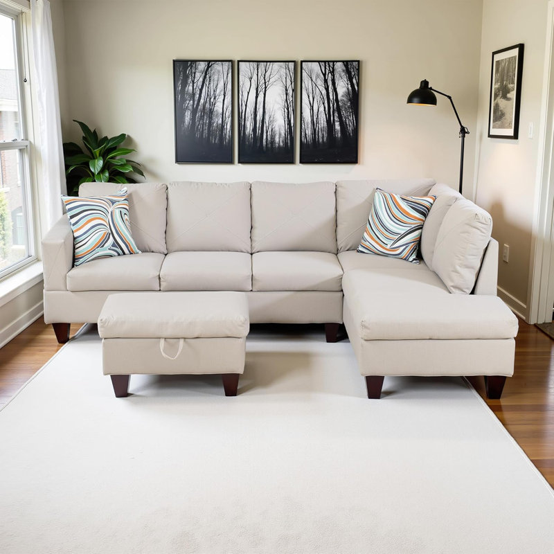 3-Piece Flannel Sectional Sofa, Right Hand Facing, Off -White Fabric