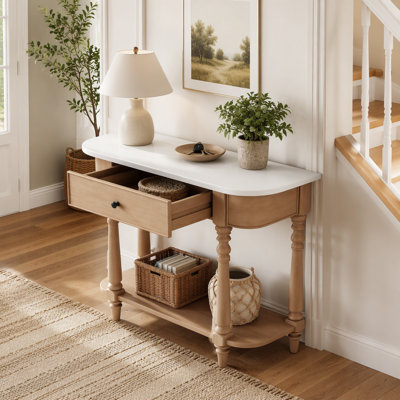 Narrow Console Table with Curved Corner, Retro Entryway Table with Top Drawer and Open Shelf, Sofa Table Console Tables for Entryway, Hallway and Livi