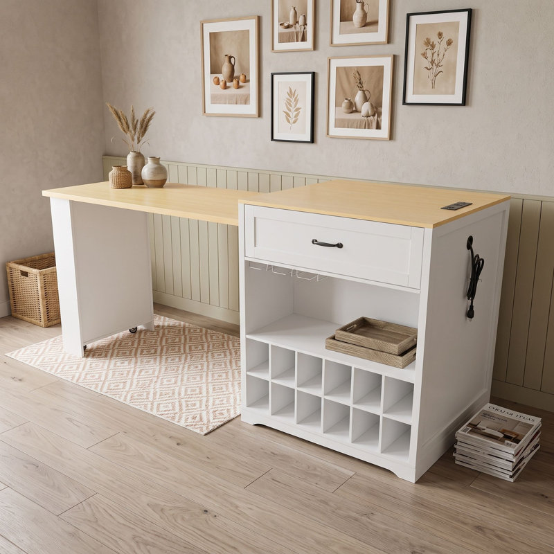 Table de cuisine extensible avec station de recharge intégrée, rangement pour bouteilles de vin et tiroirs, Blanc naturel