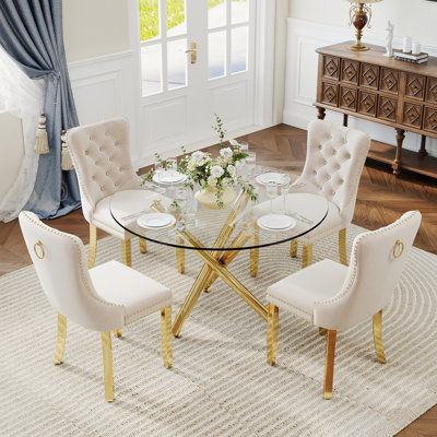 5-Piece Modern Round Pedestal Dining Set with Velvet Tufted Dining Chair for Dining Room and Living Room