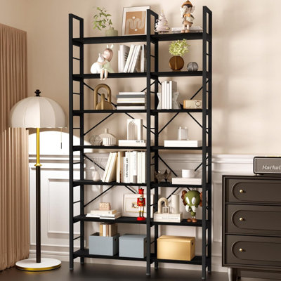 7-Tier Corner Bookshelf With Reversible Shelves, Industrial Bookcase With Metal Frame And Open Storage For Living Room, Bedroom, Home Office