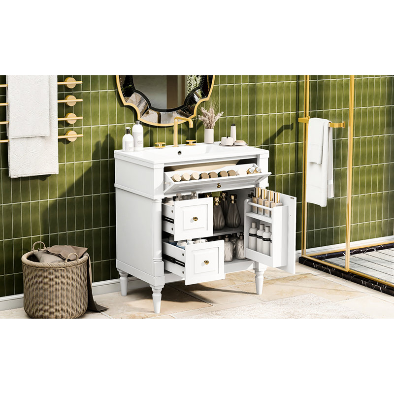 Meuble-lavabo blanc de 30 po en bois d'hévéa massif, lavabo en céramique, tiroir rabattable, tablette réglable et rangement pour porte