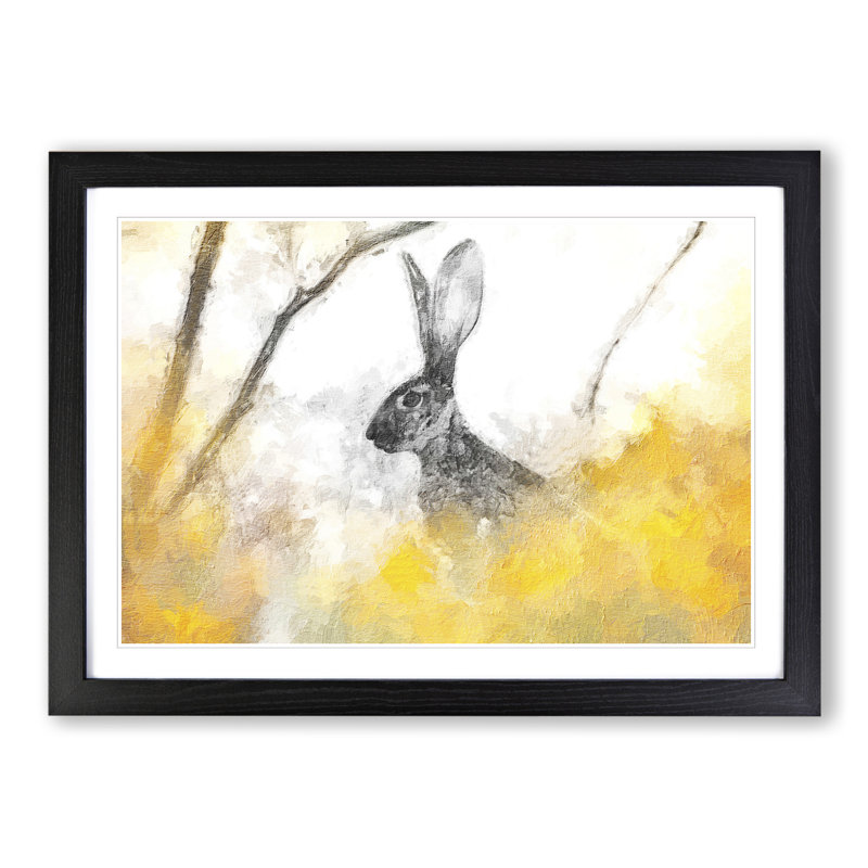 FRM-B-1275X The Alert Hare in Yellow - Picture Frame Painting, 48cm H x 65cm W x 2cm D, Black Framed