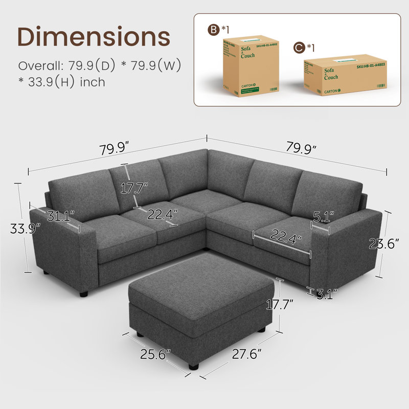 Canapé modulaire en U avec repose-pieds Abramson, H 33,9 po x l 79,9 po x P 79,9 po, Polyester gris