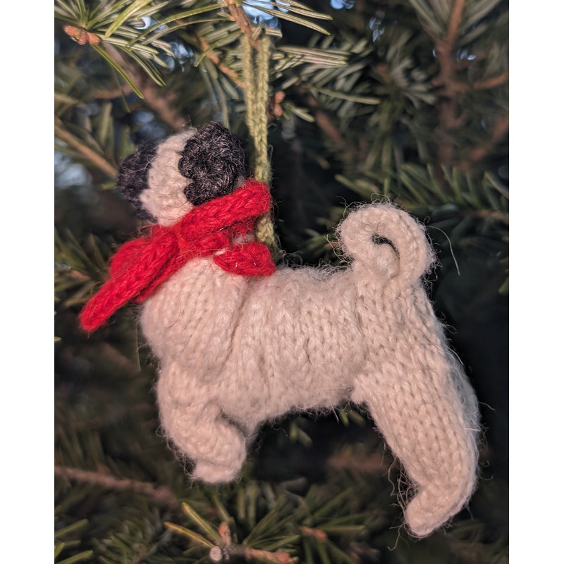 Hand-Knit White and Black Alpaca Wool Pug Ornament