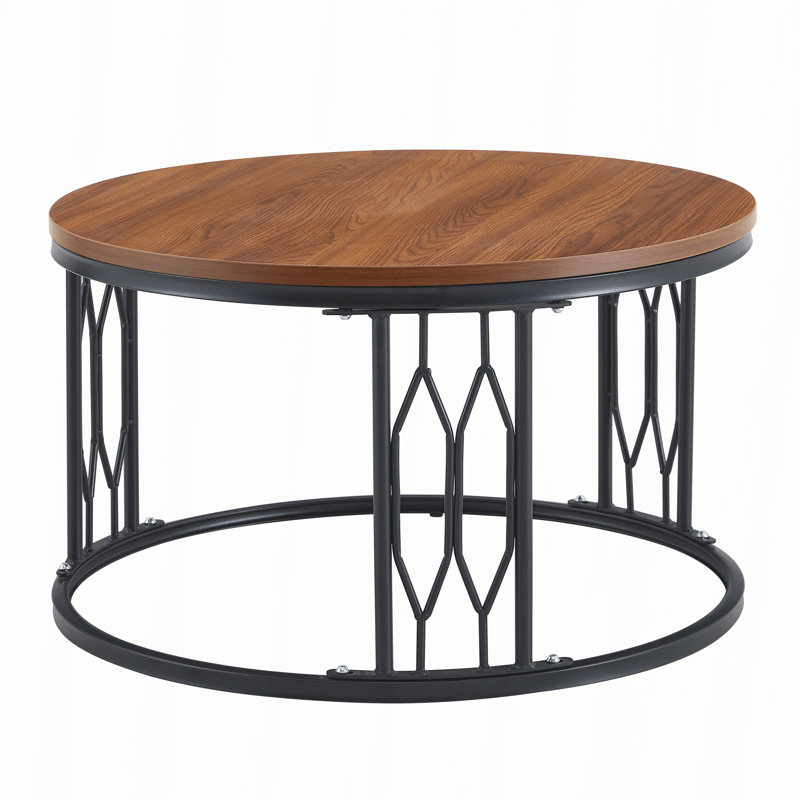 Table basse ronde en bois aggloméré 27,5 pouces avec pieds en métal, Walnut+black