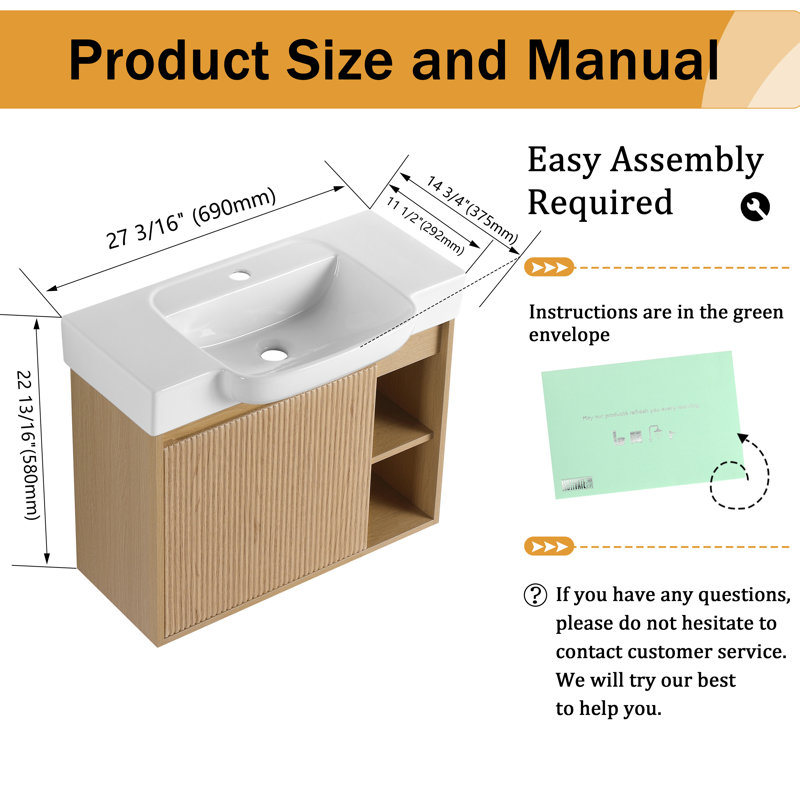 Meuble-lavabo simple Marnar 28 po avec comptoir en céramique, meuble-lavabo mural avec lavabo en céramique, Light Oak, 28"