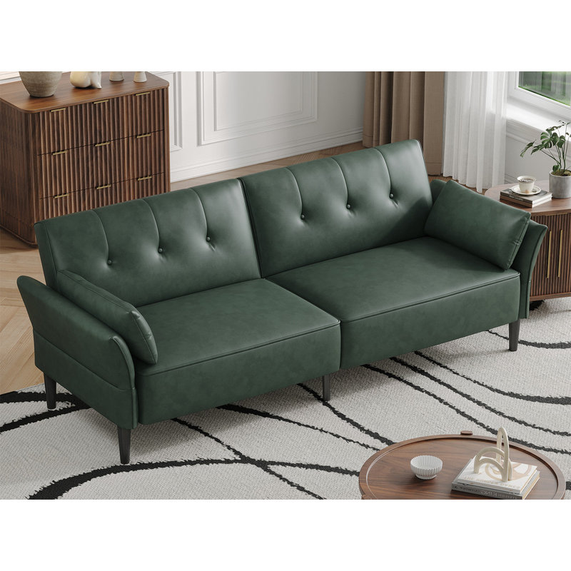 89" Faux Leather Convertible Sofa Couch with 2 Square Pillows,Adjustable Backrest& Armrests, Green