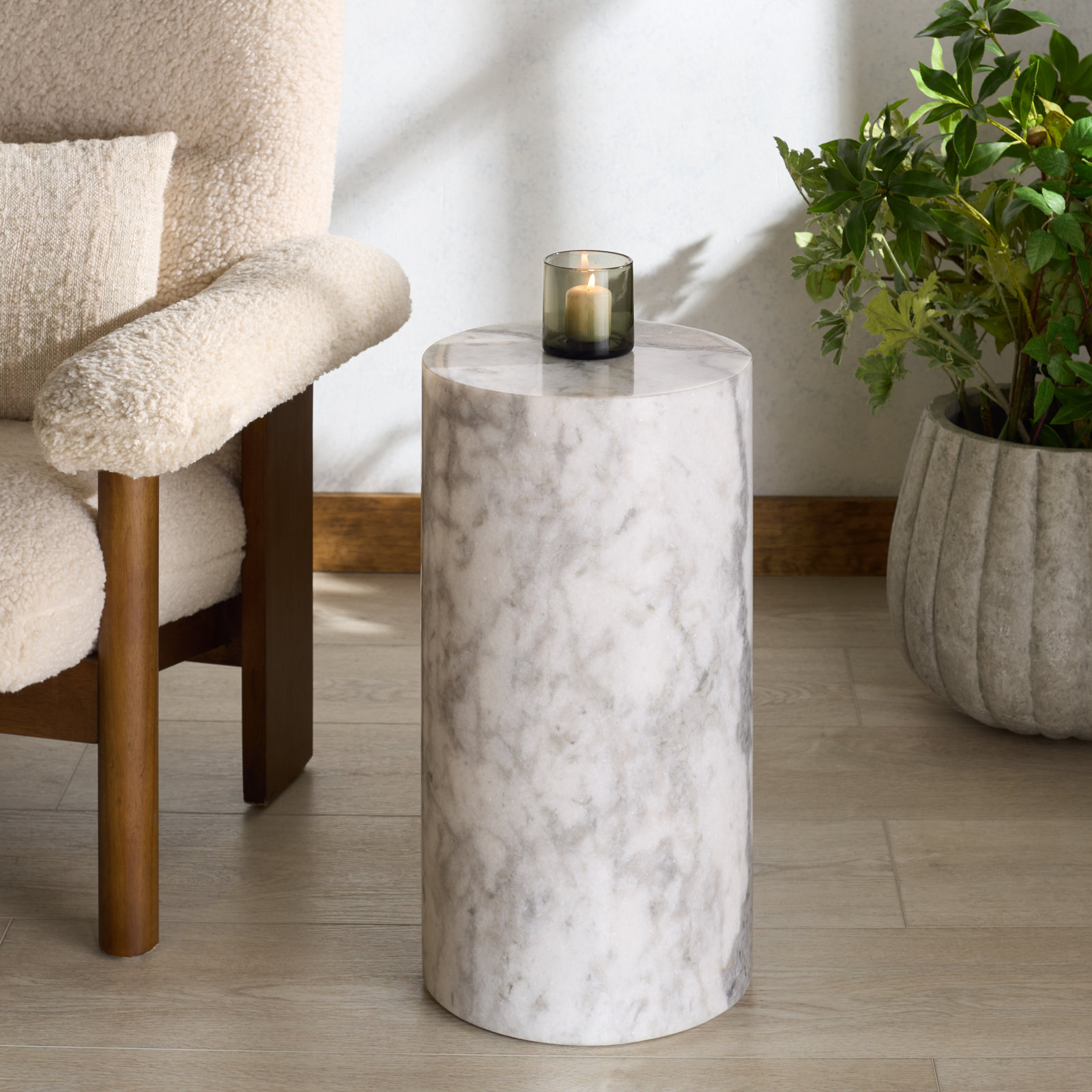 11" Genuine Marble End Table, White
