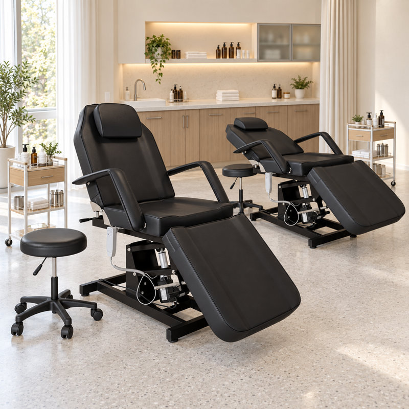 Fauteuil de soin du visage électrique à hauteur réglable avec tabouret à roulettes et coussin amovible - Noir, Noir
