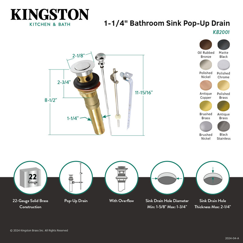 Kingston Brass Trimscape Brass Pop-Up Bathroom Sink Drain with Overflow, 22 Gauge, Brushed Nickel