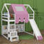 Lit mezzanine en bois avec cadre en forme de maison et auvent de style tente-511053759-511053752